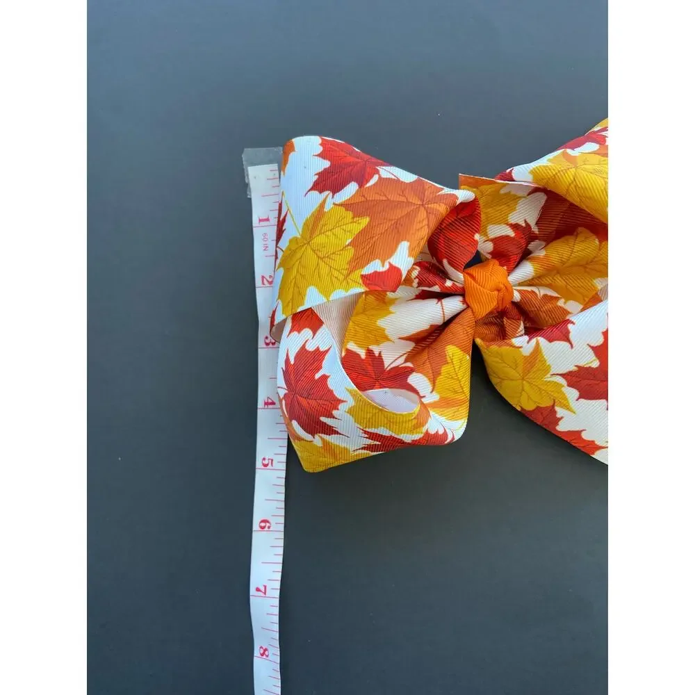 Autumn Princess Girly Orange Red & White Fall Leaves Clip Thanksgiving Hair Bow